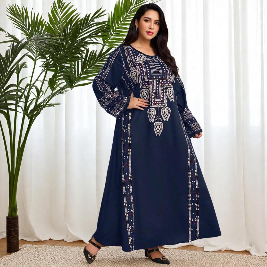 Middle Eastern Ethnic Style Navy Blue Plus Size Long Dress with Long Sleeves