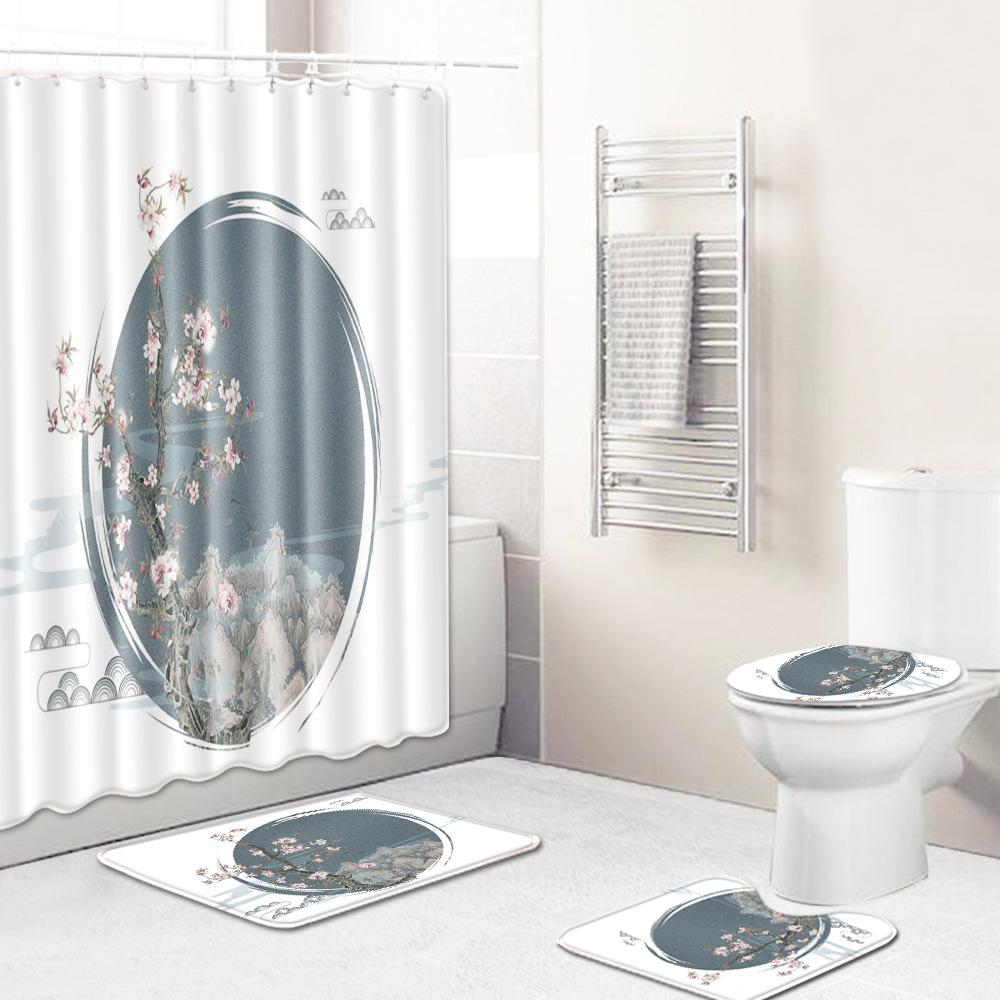 Fashion Textured Bathroom Shower Curtain Floor Mat Toilet Cover Foot Mat Four-Piece Set