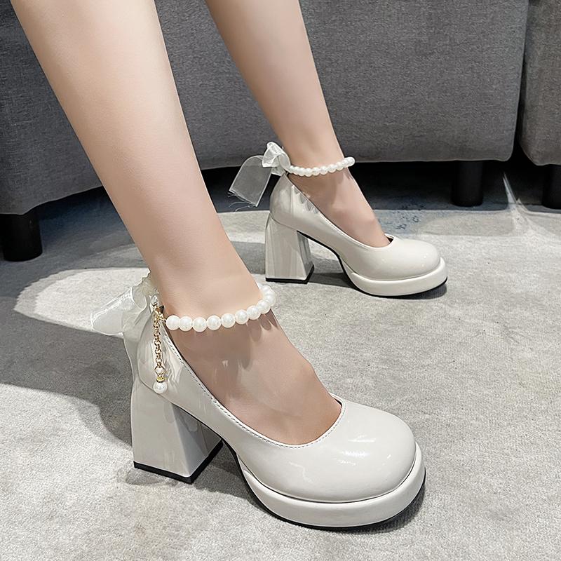 Women's new autumn chunky single shoes round head shallow mouth butterfly knot beaded platform high heels