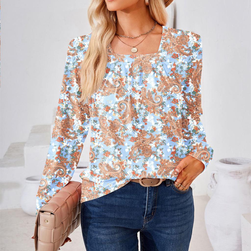 GMXIA Dame Mote Casual Sommer Langermet U-hals Bluser & Skjorter