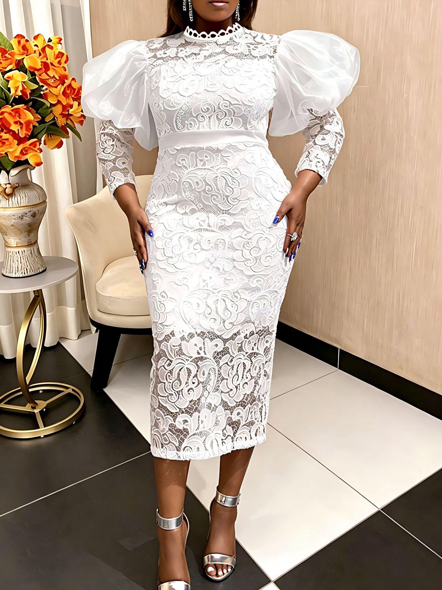

Lace See-through Puff Sleeve Slim Fit Party Dress for Women M белый