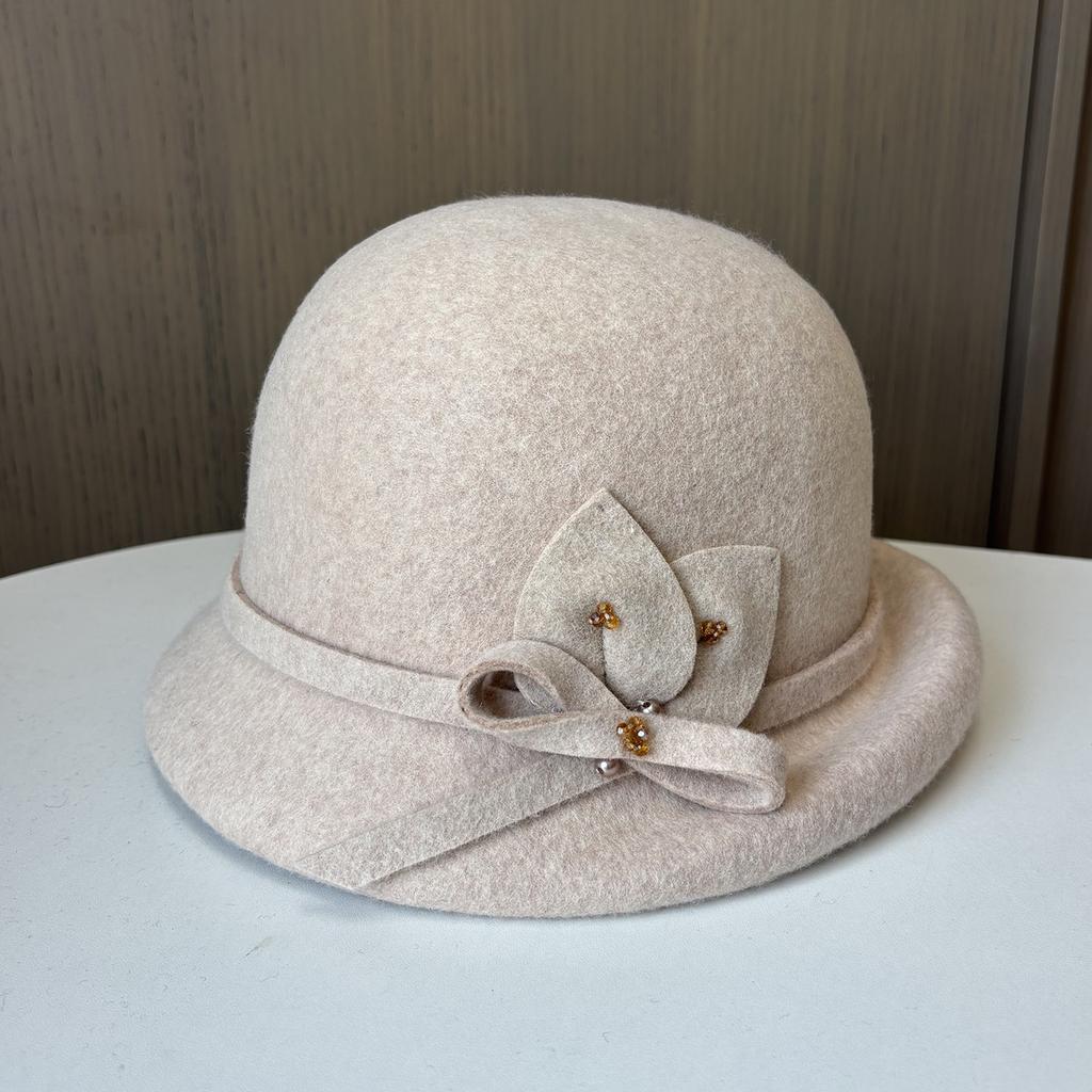 Ladies Crimped Bucket Hat Elegant Versatile Felt Hat Three-Dimensional Flower Woolen Top Hat Autumn And Winter Retro Pot Hat