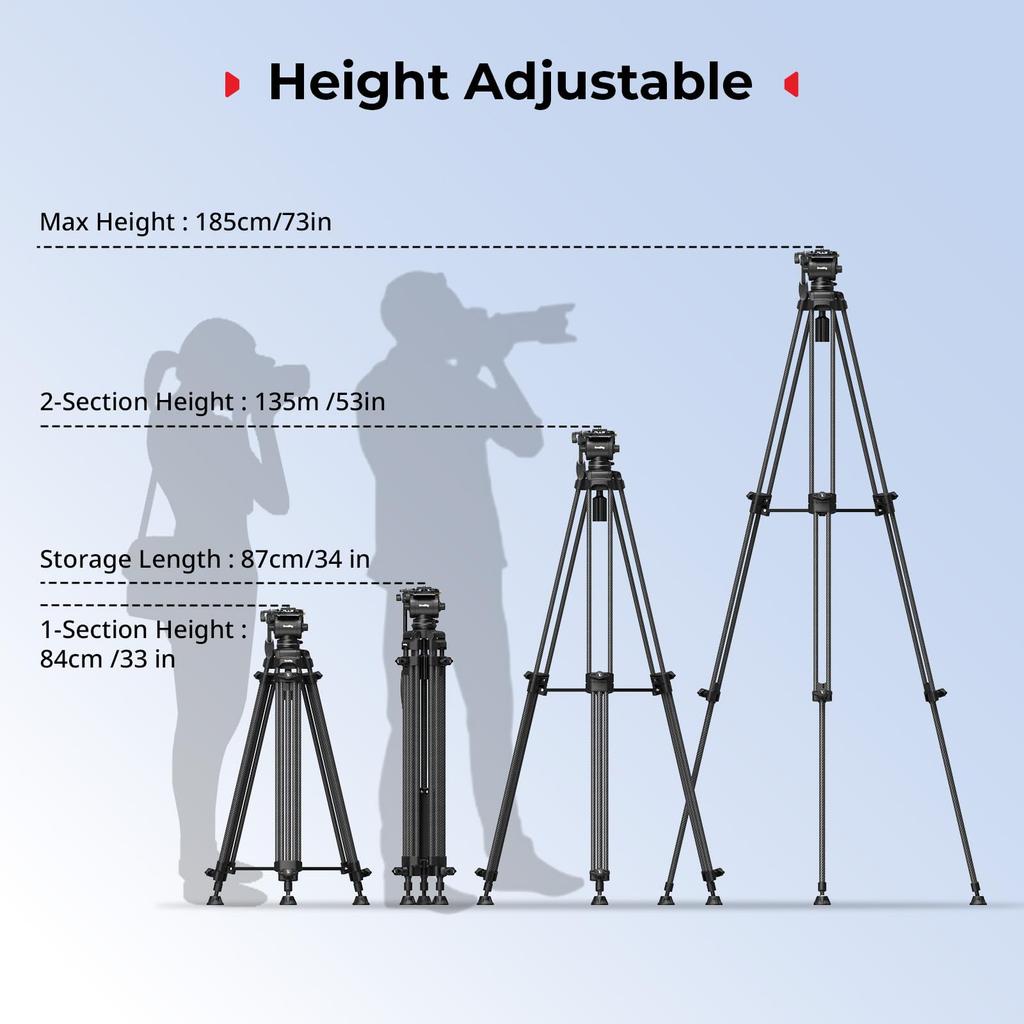 SmallRig AD14 Carbon Fiber Video Max Fluid Head with To Tilt Compact Travel Folded Product 5441 Heavy-Duty Tripod, 185cm, 22.5lbs (10kg) Load, +85°