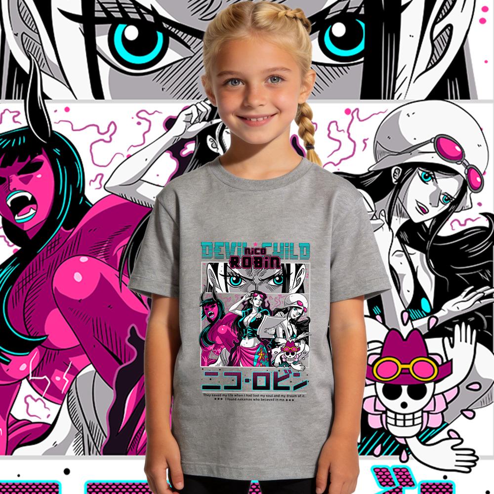 One Piece Robin Anime Print Boys Girls Cotton T Shirt Casual Short Sleeve Kids Summer Top Soft Breathable Daily Wear