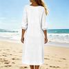 Women's Summer Fashion V Neck  Seven Quarter Sleeve Casual Cotton And Linen Vacation Beach Dress