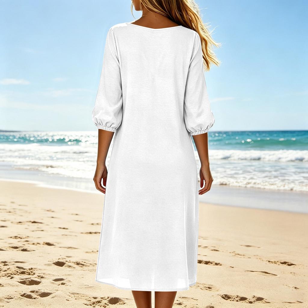 Women's Summer Fashion V Neck  Seven Quarter Sleeve Casual Cotton And Linen Vacation Beach Dress