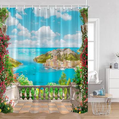 Europäische Gartendusche Vorhänge Küstenbalkon Meereslandschaft Insel Bunte Blumen Badezimmerdekor Floral Polyester Duschvorhang