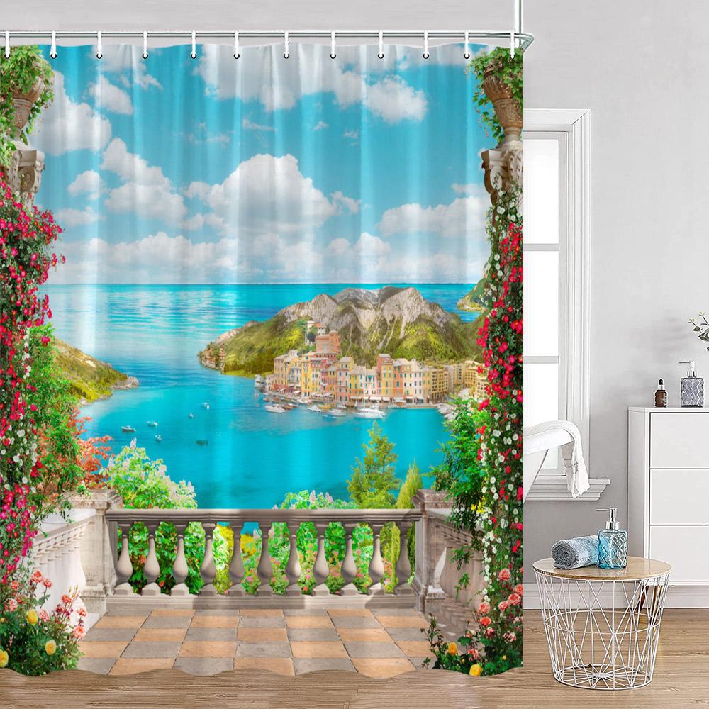 Evropské zahradní sprchové závěsy Pobřežní balkon Mořská krajina Ostrov Barevné květiny Koupelnová dekorace Květinový polyesterový koupelnový závěs