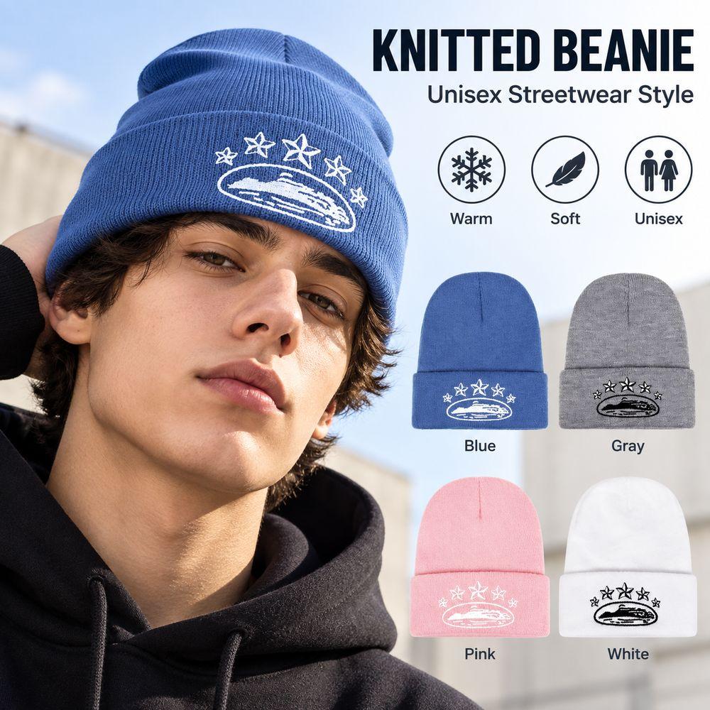 Star Embroidery Cuffed Beanie Hat Stretch Fit Knit Cap Fashion Winter Beanie Men Women
