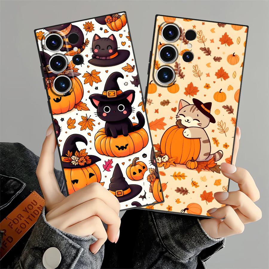 Case for Samsung Galaxy S20 S25 Edge S21 FE S24 Plus S23 Ultra Black Soft Phone Cover Pumpkin Cat