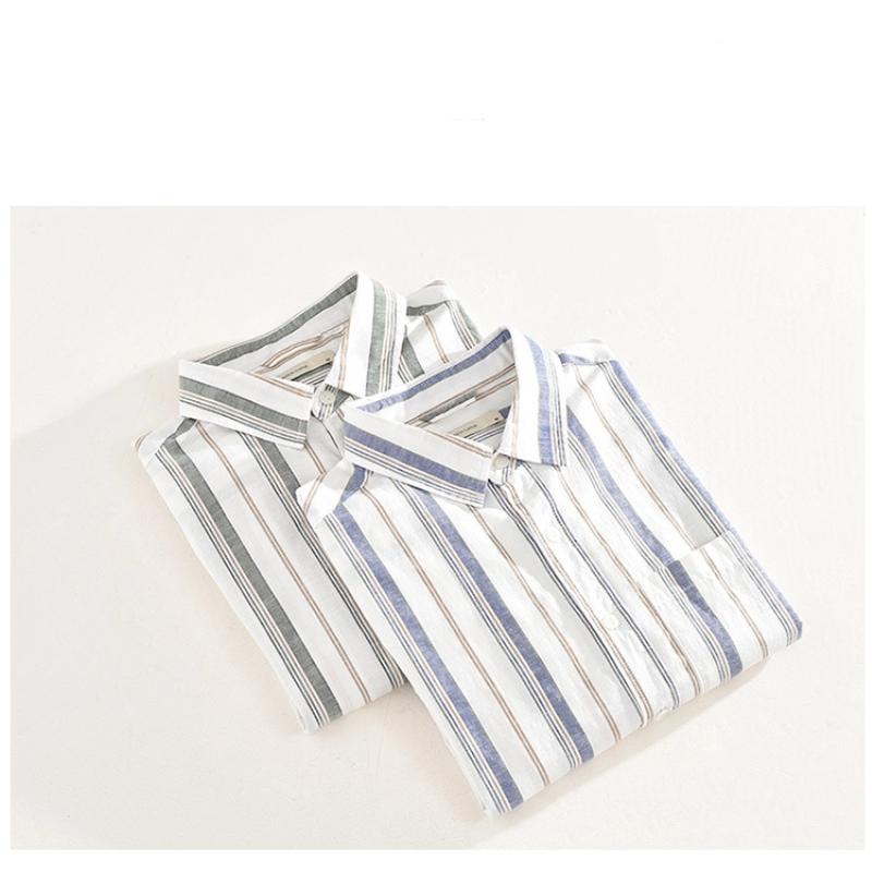 Spring and Summer Cotton Linen Men Tops Japanese Style Square Stripes Long Sleeve Shirt Youth Breathable Shirts for Men