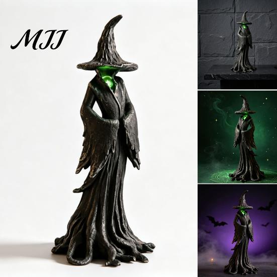 Spooky Resin Statue Halloween Witch Statue, LED Light Up Gothic Figurine, Mysterious Party Decoration Dark Fantasy Sculpture for Desktop Bookshelf