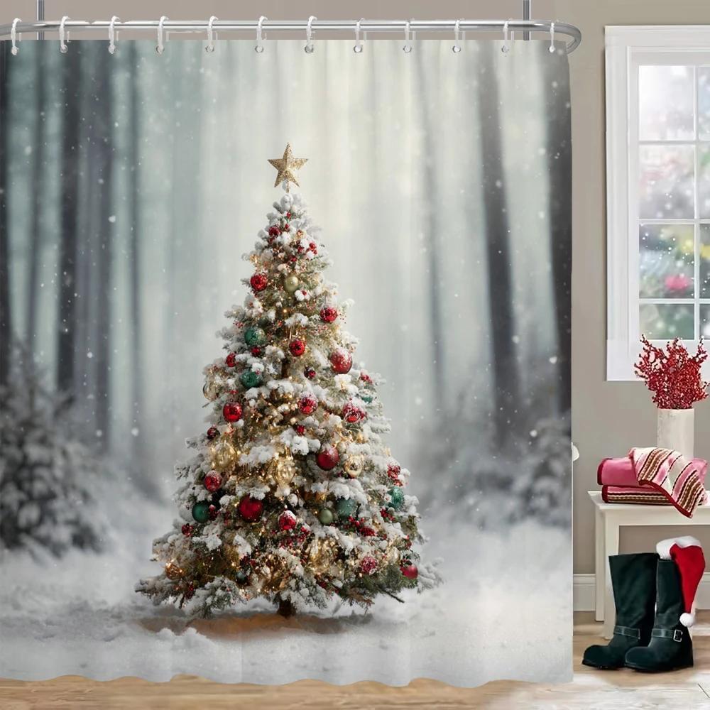 GAEMerry Christmas Shower Curtain Christmas bell, snowflake Bathroom Curtain with Hooks home for Christmas day decoration Curt