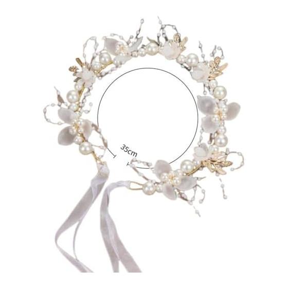 YFFSFDC Flower Hairband with Pearls and Ribbons, Bridal Wedding Hair Accessories for Ceremonies, Photoshoots, Girls - Adjustable, Flexible,