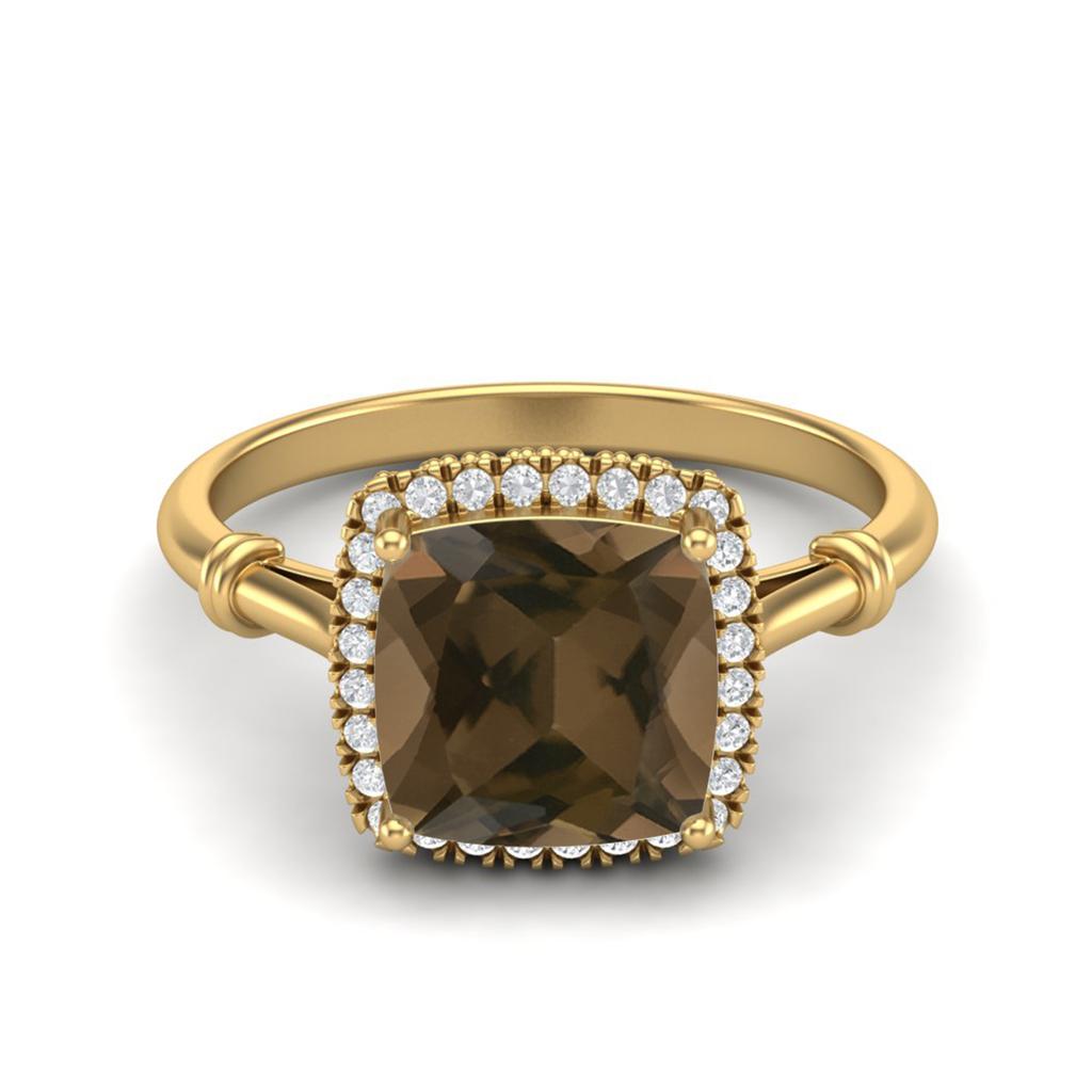 2.86 Ctw Cushion Smoky Quartz 925 Sterling Silver Gold Vermeil Solitaire Halo Women Wedding Ring