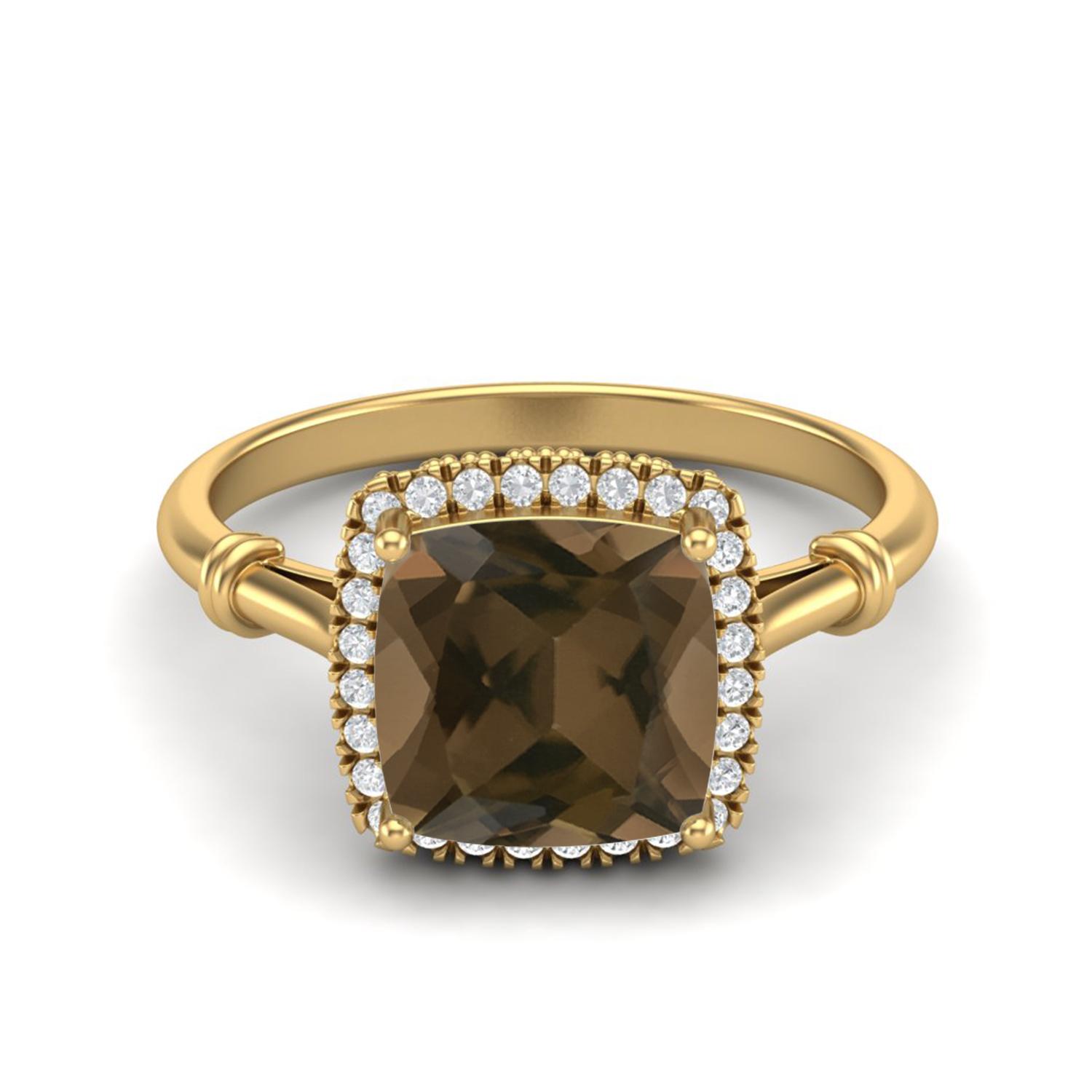 2.86 Ctw Cushion Smoky Quartz 925 Sterling Silver Gold Vermeil Solitaire Halo Women Wedding Ring 8