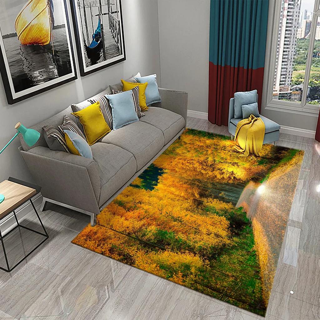 3D Autumn Yellow Maple Leaves Carpet Modern Kitchen Bathroom Anti-Slip Entrance Doormat Bedroom Living Room Balcony Floor Carpet