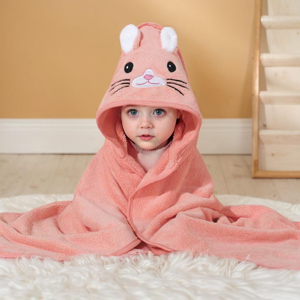 Cartoon Hooded Baby Swaddle & Bath Towel - Coral Fleece, Absorbent, Embroidered, Newborn To Toddler