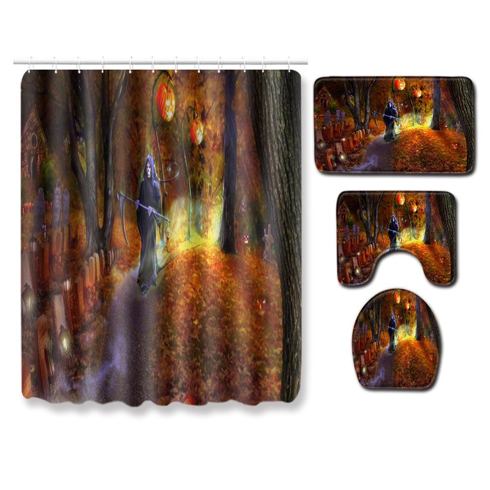 Halloween Series Bathroom Shower Curtain Floor Mat Toilet Cover Foot Mat Four-Piece Pattern Size