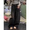 American Retro Rhinestone Jeans for Women Loose Fit Middle Waist Distressed Denim Pants with Flared Leg