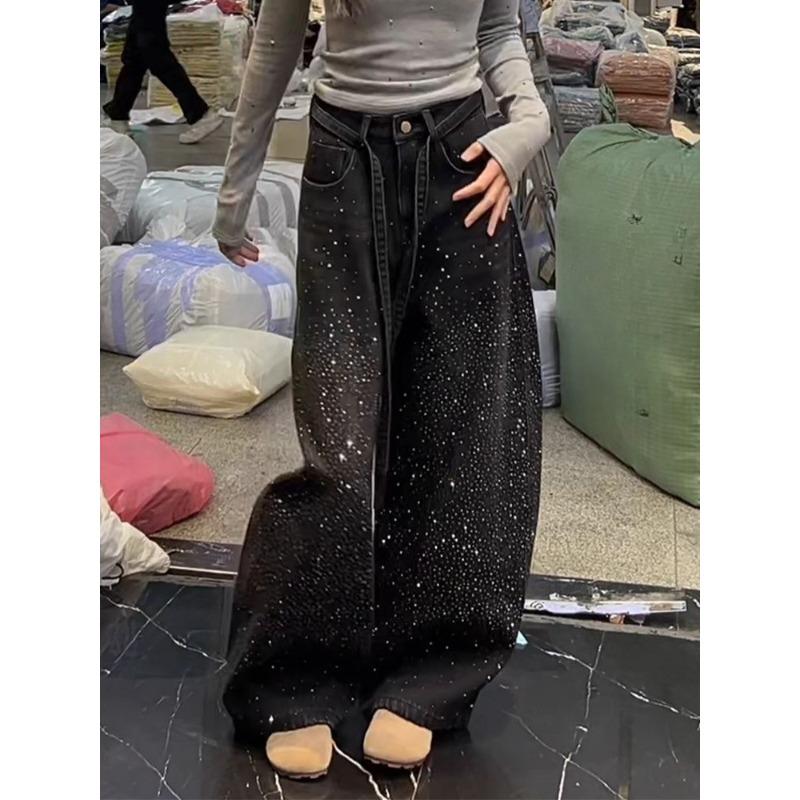 American Retro Rhinestone Jeans for Women Loose Fit Middle Waist Distressed Denim Pants with Flared Leg