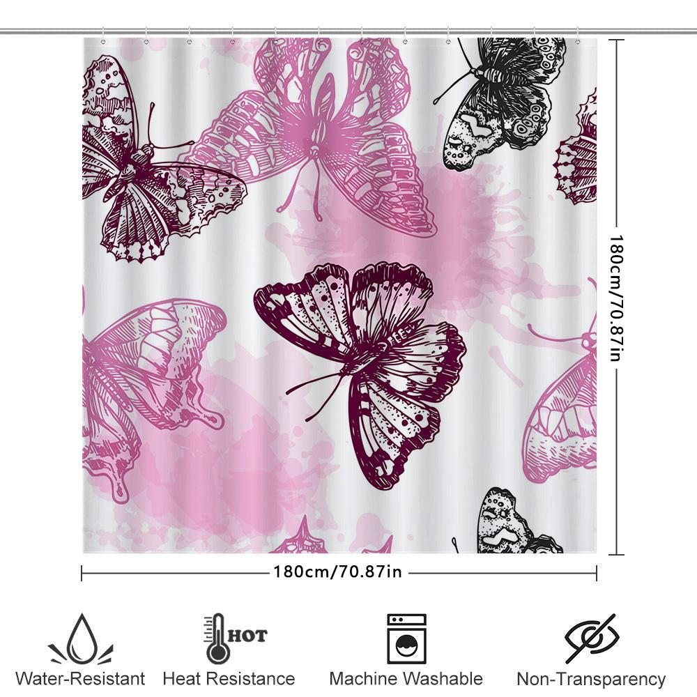 Vintage Butterfly Bath Mat Design Printed Shower Curtain Waterproof Decorative Bathroom Supplies Pink Butterflies Edition