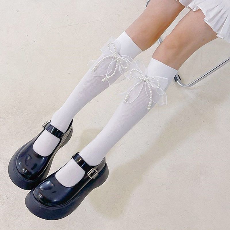 Autumn Winter Versatile Pearl Bowknot Lolita Cotton Knee High Socks Niche Design Calf Socks with Pearl Embellishment Sweet Girlish Style