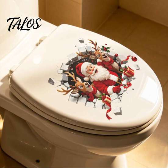 Christmas Gift for Bathroom 3D Break Through Wall Santa Reindeer Toilet Sticker, Self-Adhesive Holiday Seat Stickers Decal, Waterproof Lid Decor Home