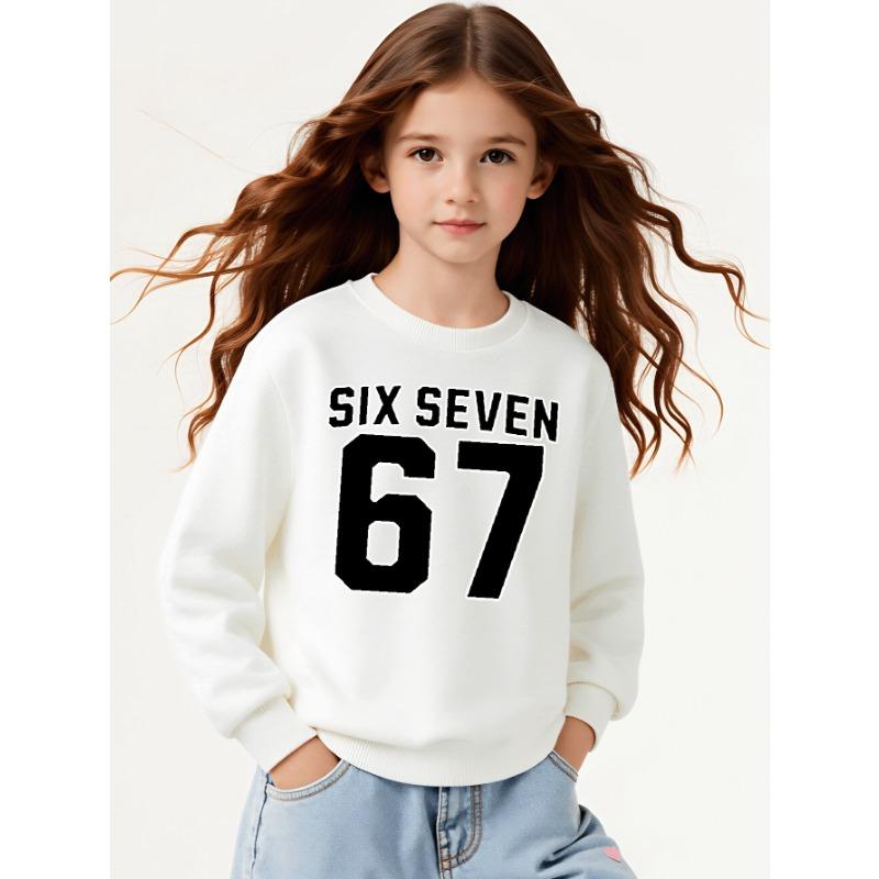 European Sizes Stylish Sweatshirt for Girls Featuring 67, Perfect for Autumn & Winter. Long-Sleeved Top In Various Colors, Casual Wear.