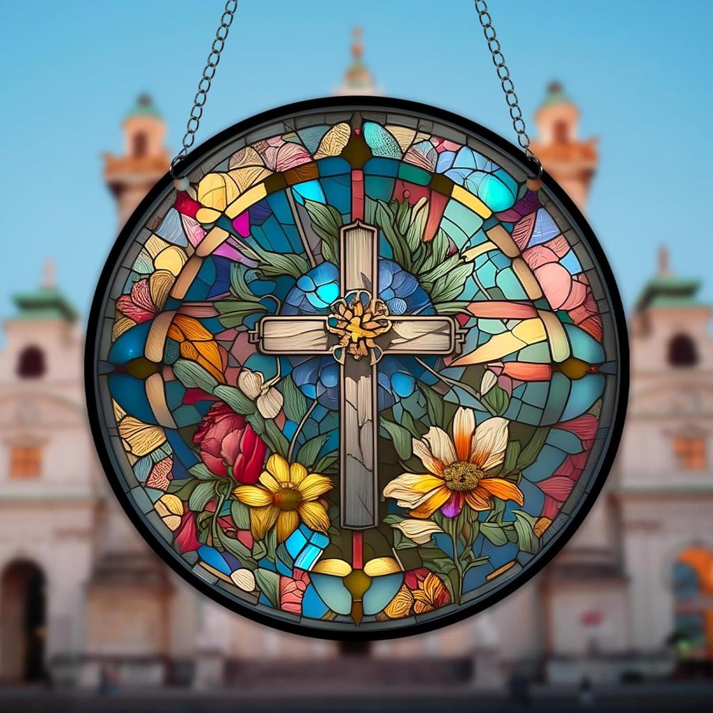 HOTIYOK God Bless Acrylic Window Hanging Vintage Cross Stained Wall Decor, Ideal Housewarming Gift, Home Decor for Mom Grandma Wife Teacher