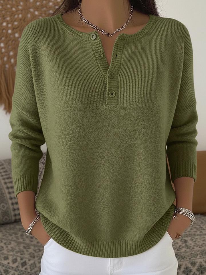Women's Button Detail V-Neck Long Sleeve Knit Sweater Loose Fit Casual Pullover