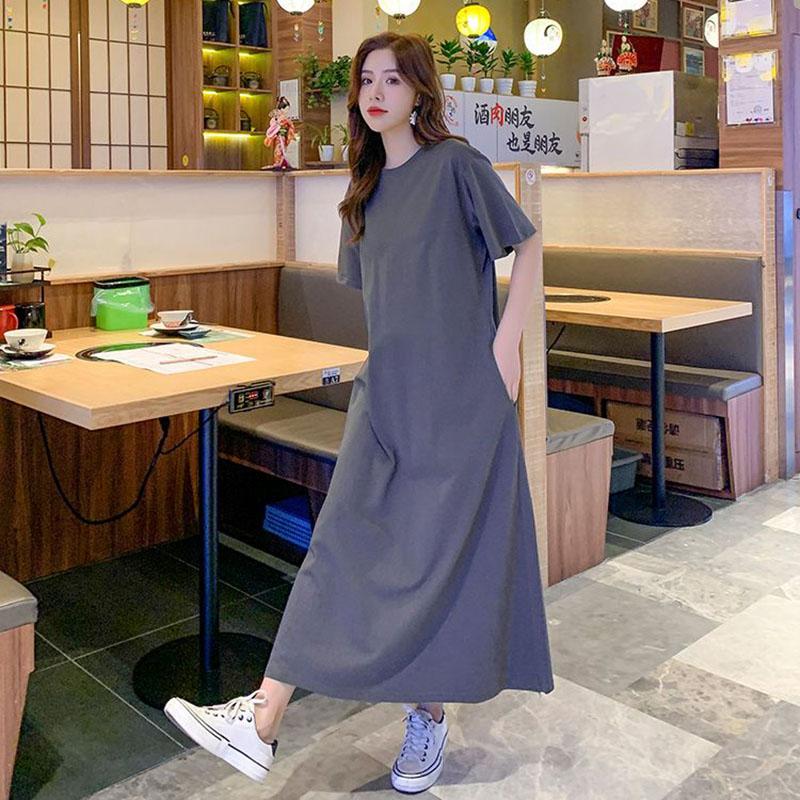 Plus Size Women Dress Summer Loose Short Sleeve Silky Slim Dress Age Reducing A-Line Dress Female