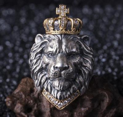 Europäischer und amerikanischer Retro-Löwenkopf-Herrenring - Offenes Kreuz-Kronen-Simba-Design