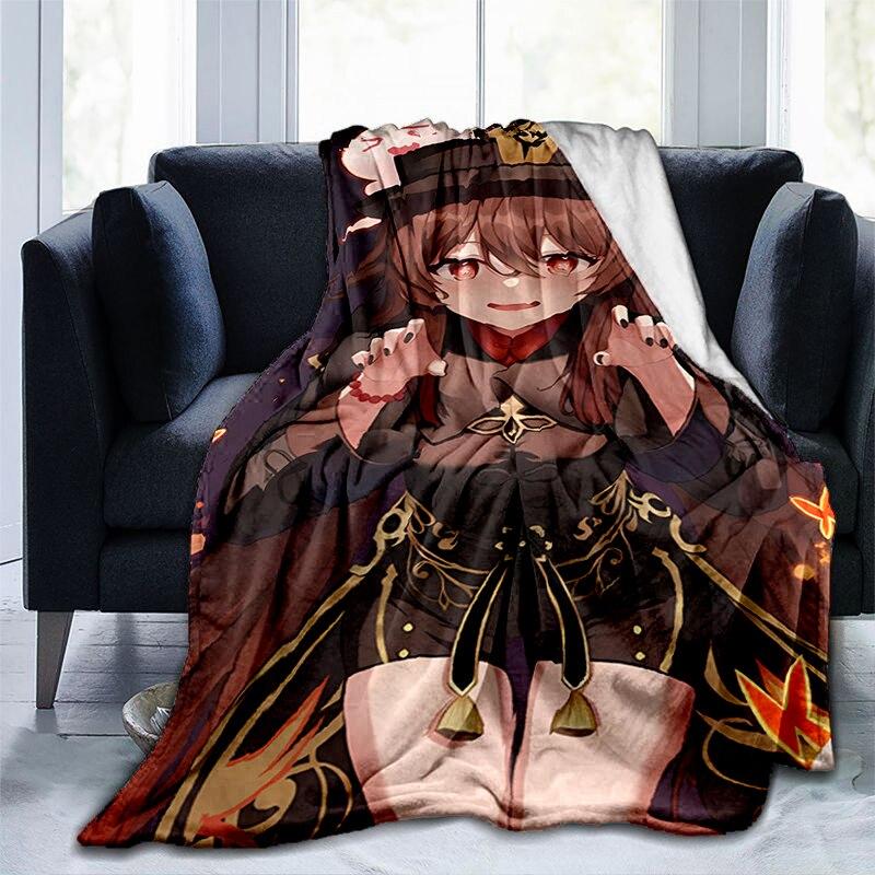 Pătură cu imprimeu Genshin Impact cu desene animate, flanel, căldură, moale, canapea extensibilă de pluș, pătură pentru aruncare, pătură de pluș, anime drăguț