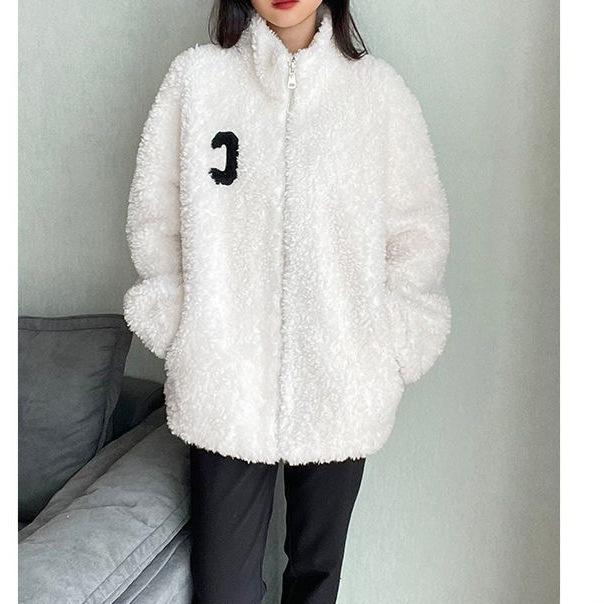 Home Stand-up Collar Plush Jacket for Women's Tide Autumn and Winter Casual Outer Wear Fleece Thickened Double-sided Coral Fleece Thermal Sweater