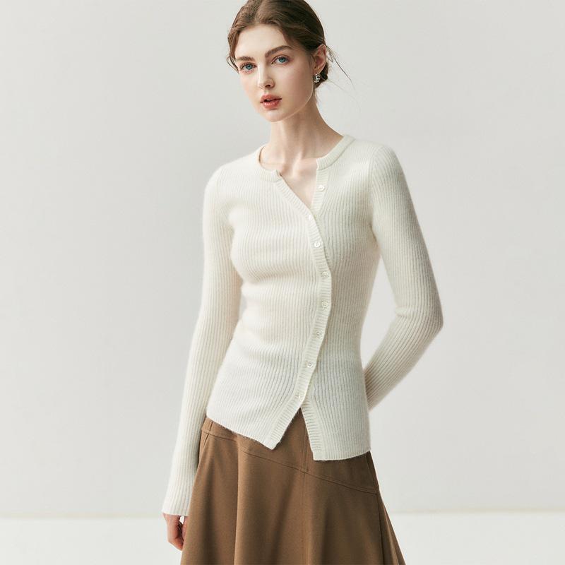 Women's Autumn Cashmere Cardigan: Slim Fit, Round Neck, Ribbed Buttons, Versatile Knit Base Layer Sweater.