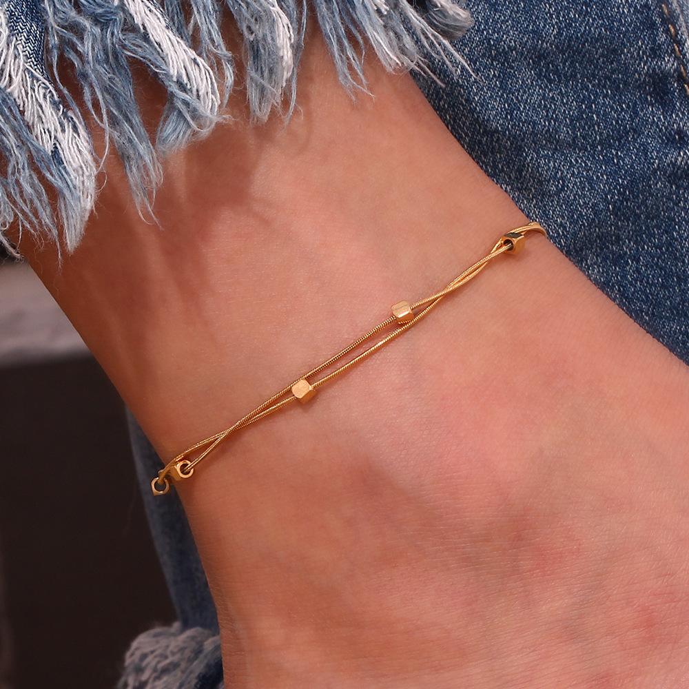 Rz Elegant Anklet Double Layer Square Beaded Stainless Steel Snake Chain Gold Plated Anklet for Girls 1 золотой