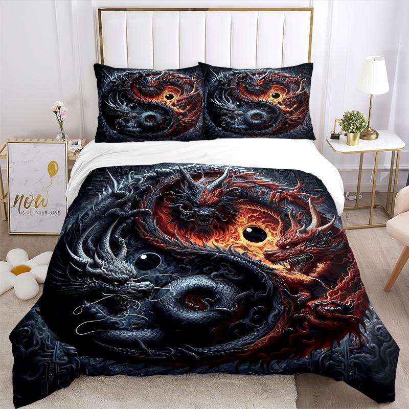 3pcs The Epic Battle of Red and Black Dragons Printed Quilt Set - Soft and Comfortable Quilt Cover for Bedroom, Guest Room and Dormitory Decorati