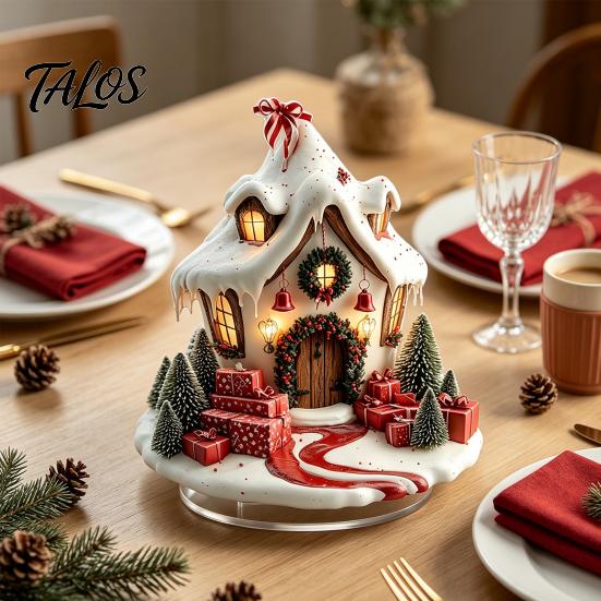 Colorful Acrylic Christmas Crafts Winter Tree Cottage Table Decoration, Double Sided Xmas Cabin Ornament Fairy Tale Igloo Decor with Stable