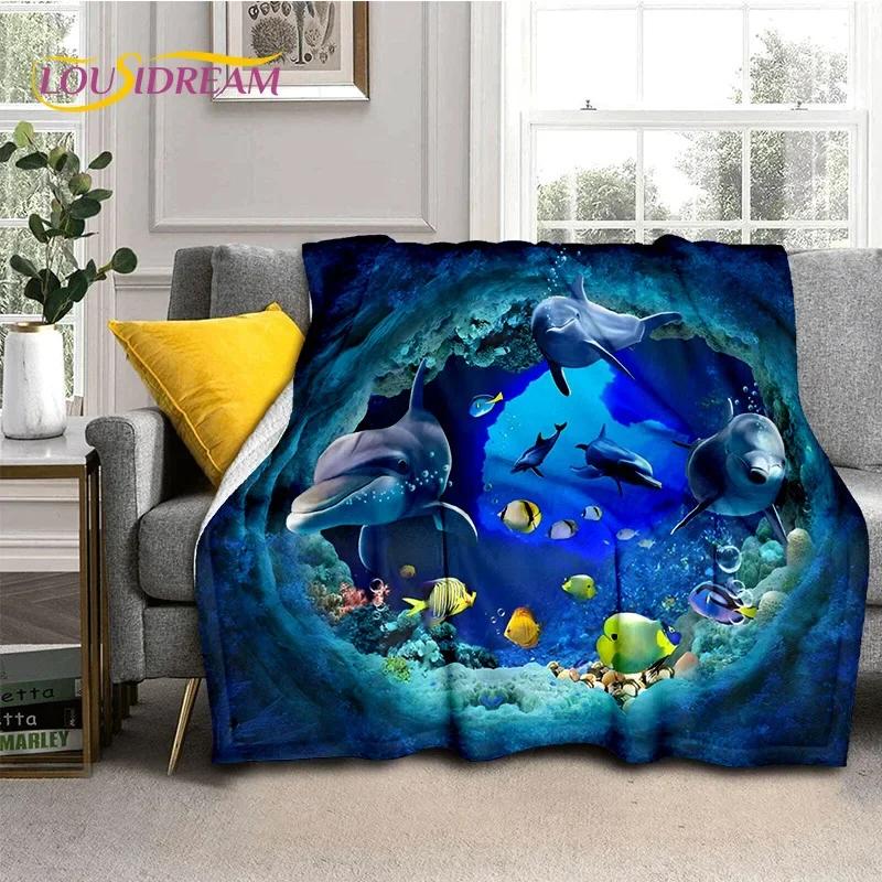 3D Illusion Underwater World Seabed Shark Dolphin Soft Flannel Blanket for Beds Bedroom Sofa Picnic,Throw Blanket Outdoors Gifts