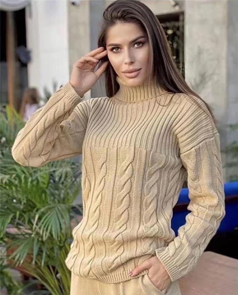 2023 Women's Knitted Cable Knit Two-Piece High Neck Sweater Set