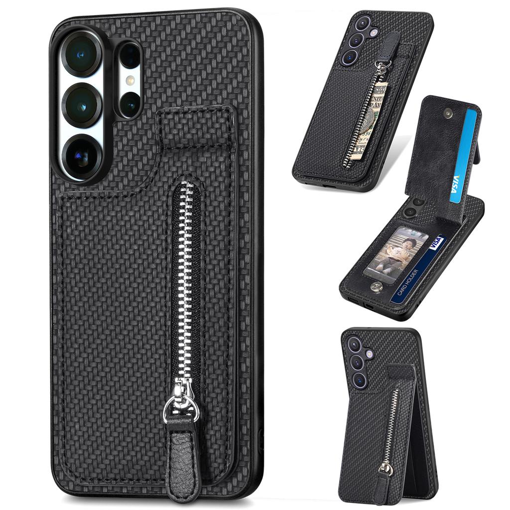Zipper Magnetic Carbon Fibrer Cards Solt Wallet Phone Case For Samsung S25 Ultra S24 Plus S23 A17 A07 Kickstand Flip Cover