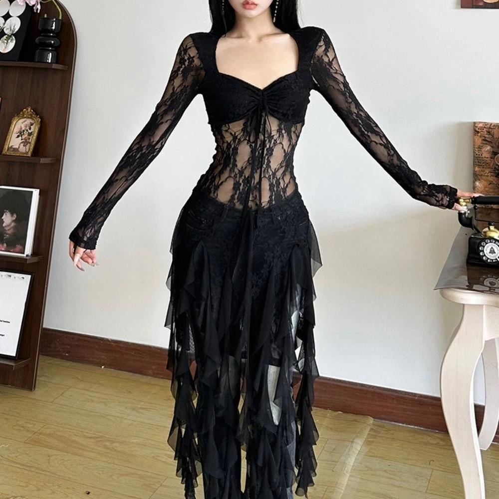 Long Sleeve Lace Flower Dress Ruffled Edge Transparent Dress Women Pleated Lace Dress  Party
