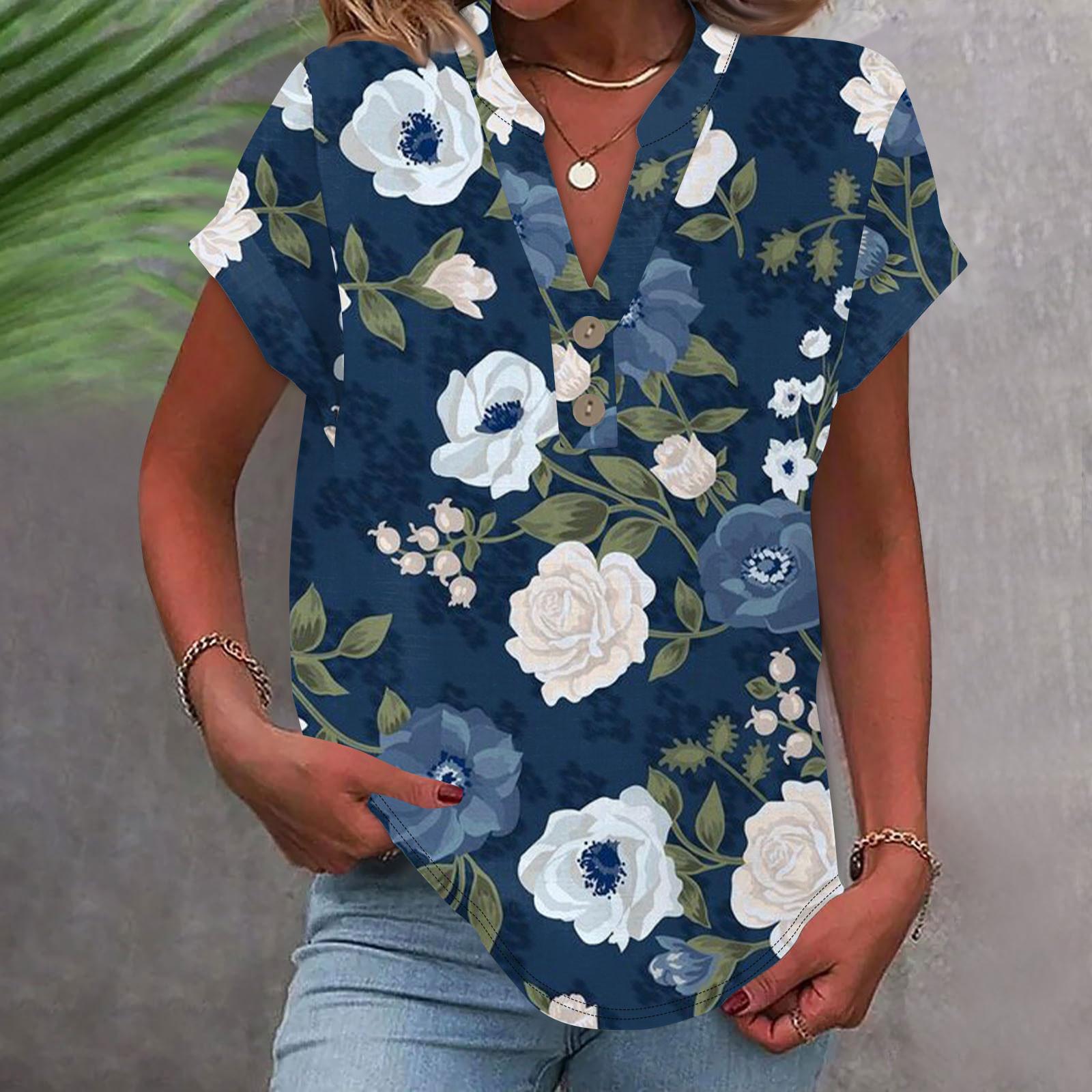 Женская модная повседневная рубашка с v-образным вырезом и коротким рукавом с принтом — фото 6