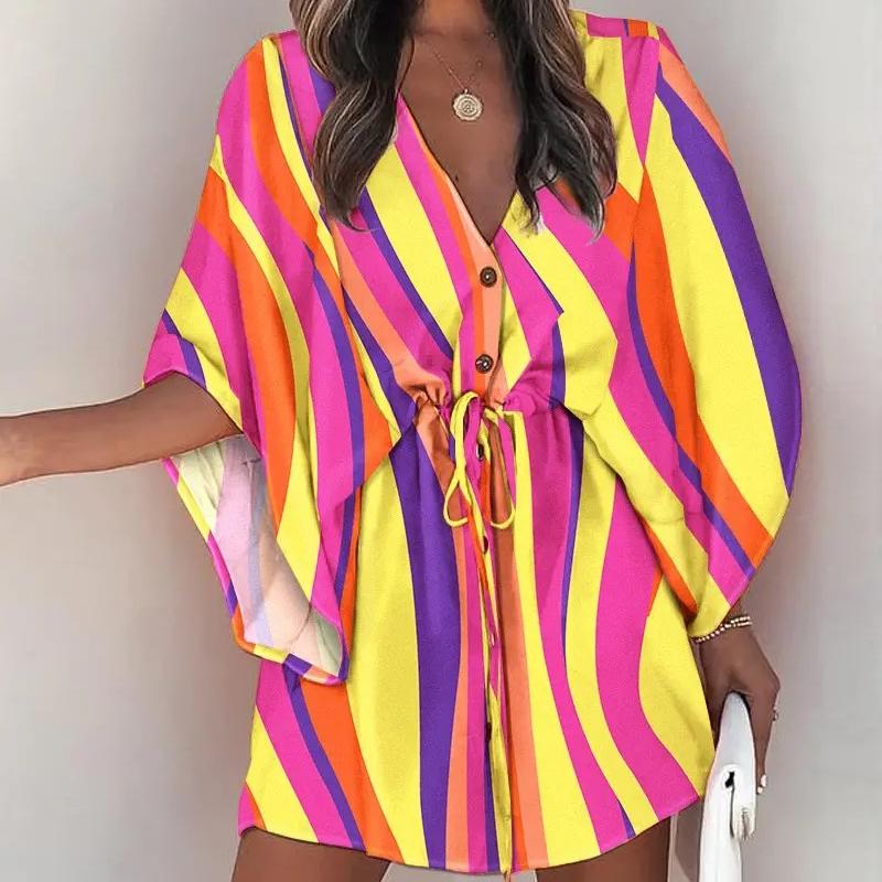 Damen Sommer V-Ausschnitt Bindeband Lässige Urlaubs Kleider