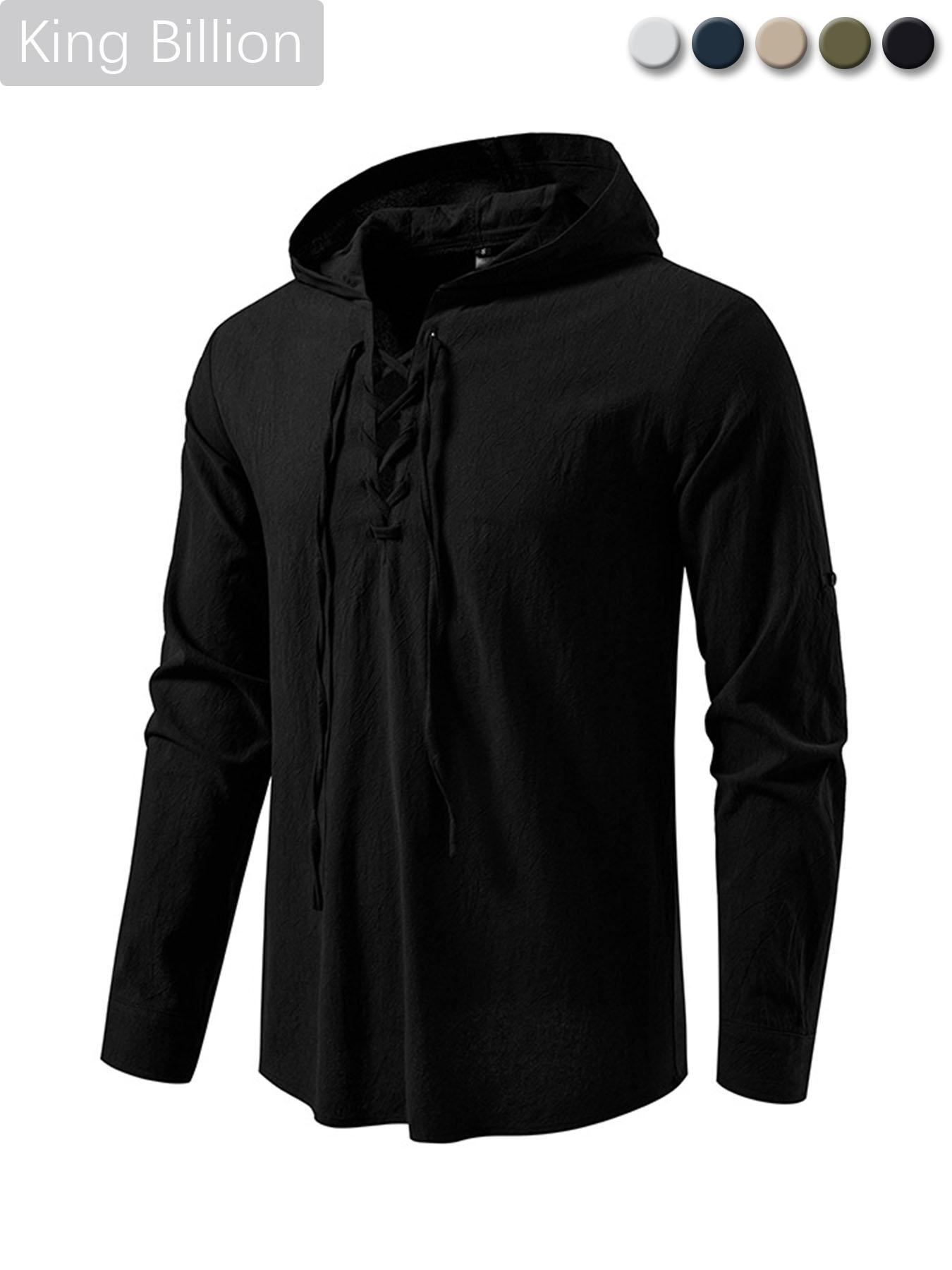 

Men s Lace-Up Hooded Long Sleeve Shirt Casual Retro Top for Men Spring Autumn Fashion Multi-Color Male Blouse M чорний