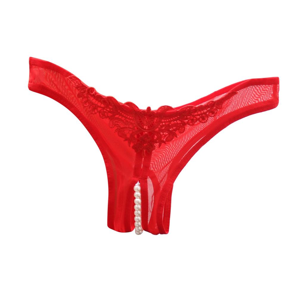 Sexy Hollow Out Crotchless Panties For Women Pearl Low Waist Lace Sheer Mesh Underwear Transparent Beaded Embroidered Thongs