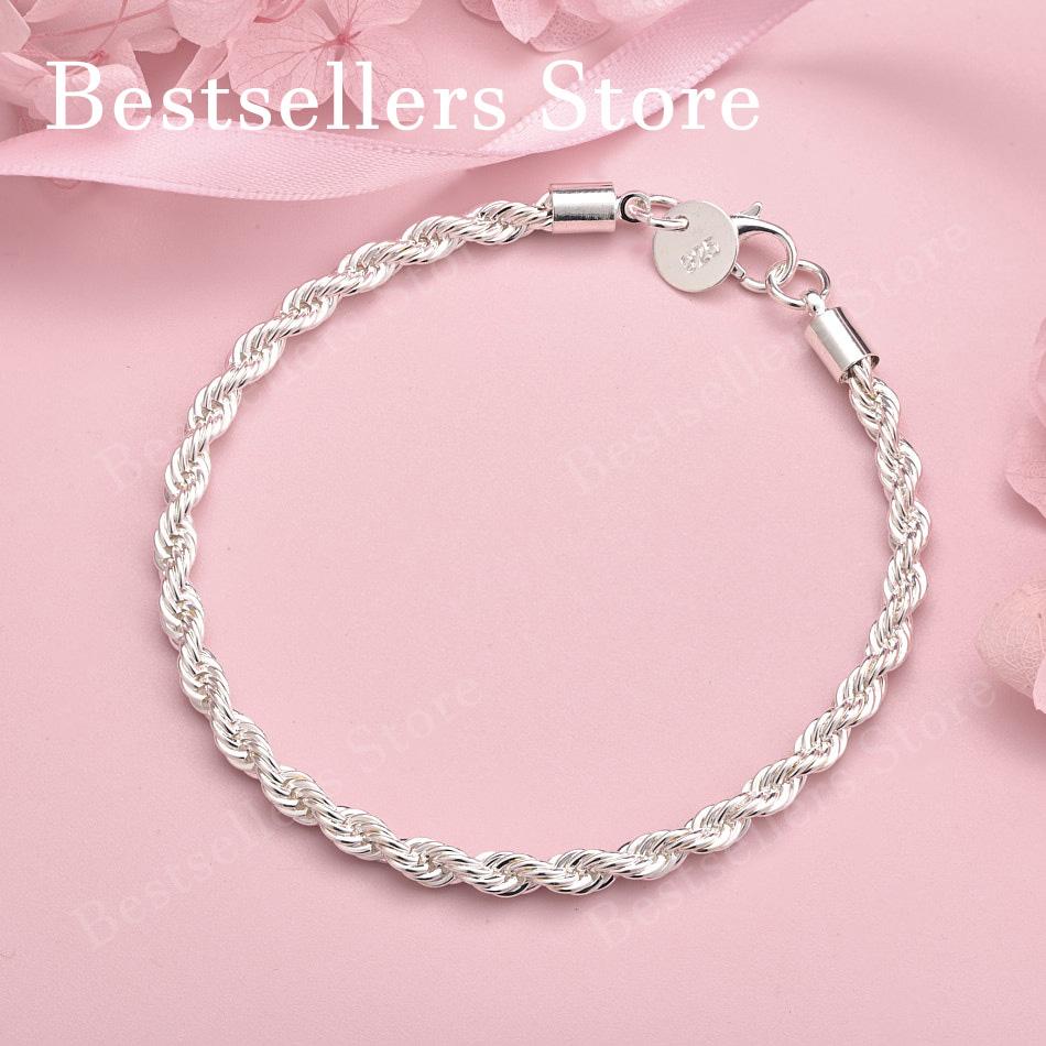 Charm 925 sterling silver 8-inch 4MM exquisite twisted rope chain bracelet, fashionable women s party wedding gift jewelry 20cm серебряный