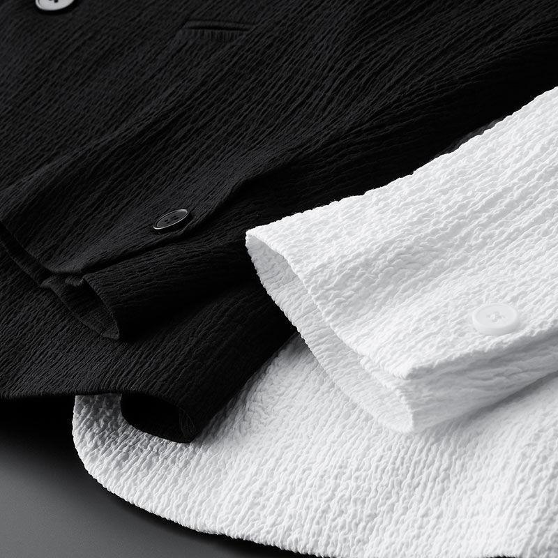 Men Two Piece Set Pleated Men Blazer Pants Sets Pleated Drawstring Loose Lapel Pockets Thin Business Men