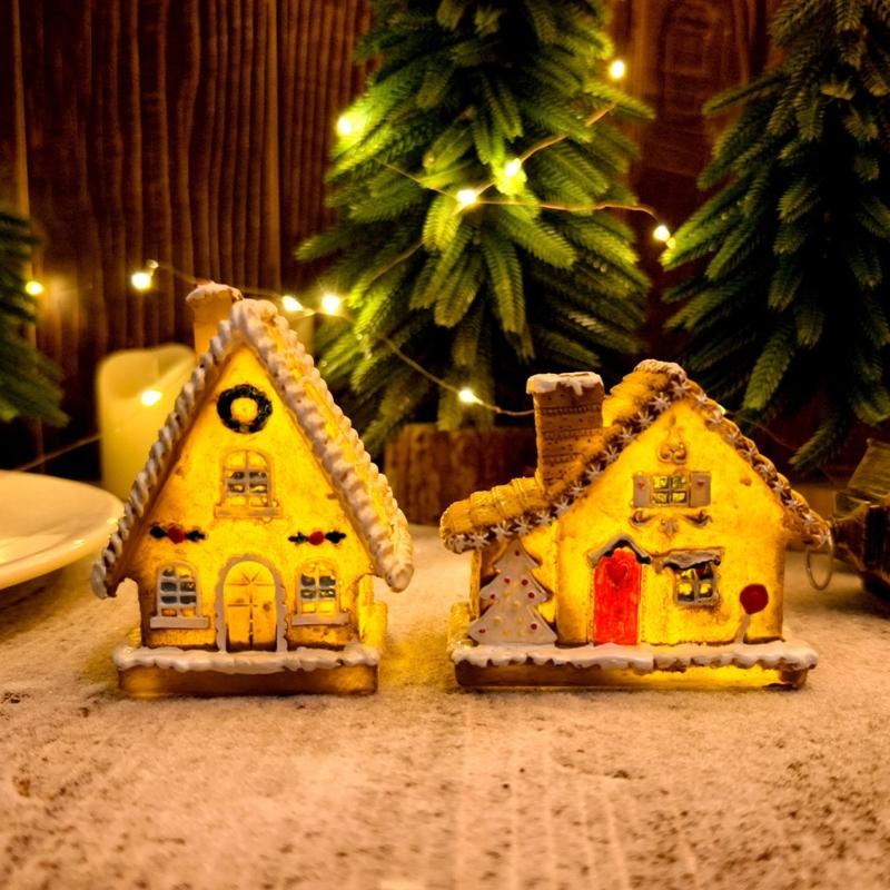 Christmas Village Houses Christmas Collectible Buildings with LED Light Christmas Decors Gingerbreads House Figurine